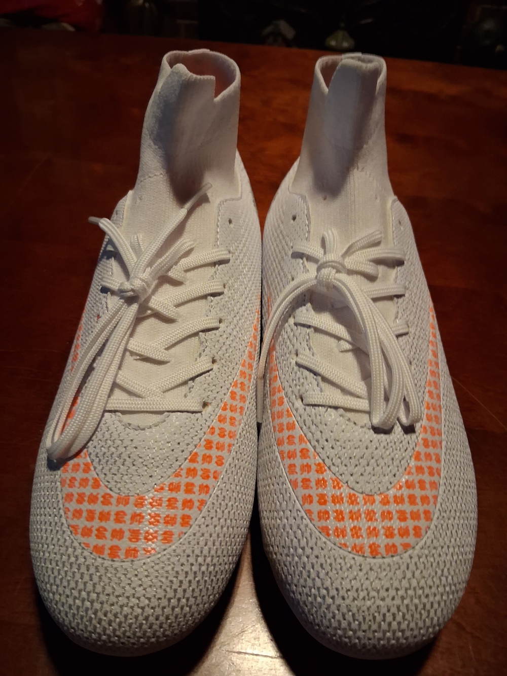White Knit High-Top Soccer Cleats with Orange Accent Big Kid Sz 6 New